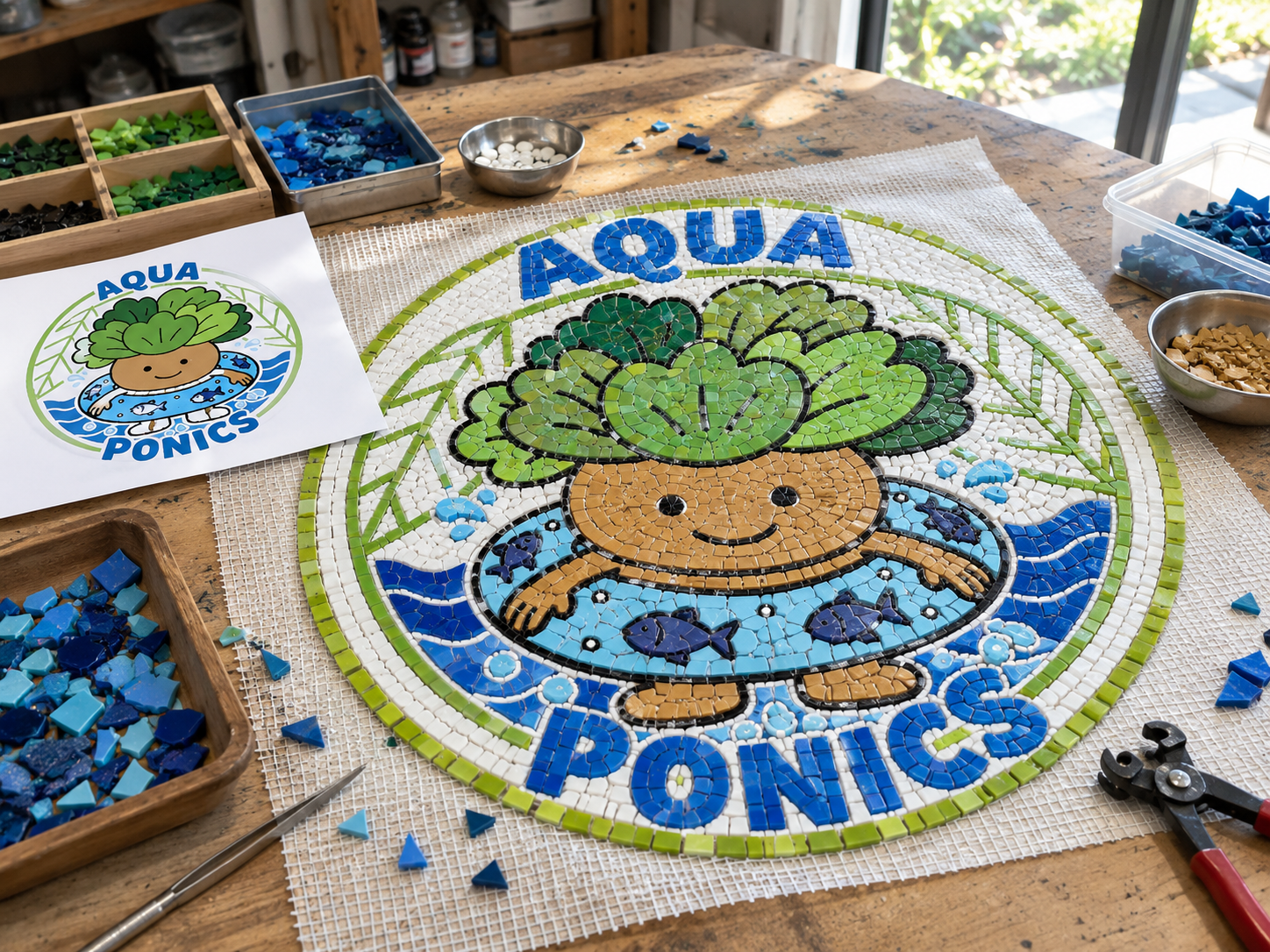 ビニールハウス前ロゴ（AQUA PONICS）